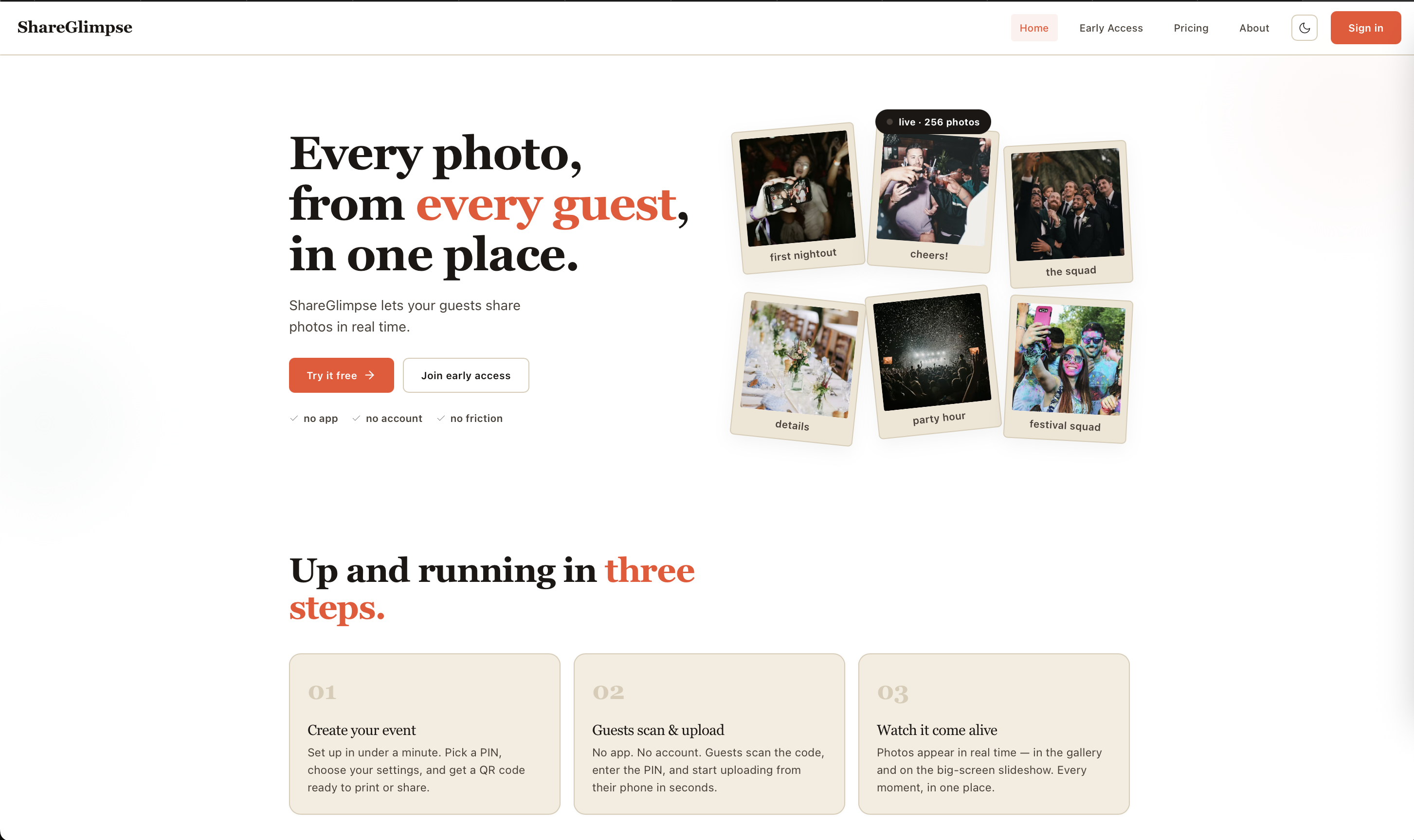 ShareGlimpse live gallery showing guest photos in real time